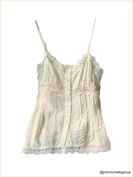 Tops - Y2K Lace Cami Top Button Down Babydoll V Neck Sleeveless Summer